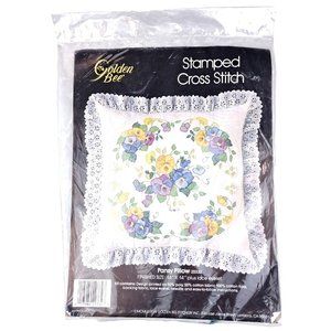 Vintage Stamped Cross Stitch Pillow Kit Pansy Golden Bee Lace 20332 Flower Craft